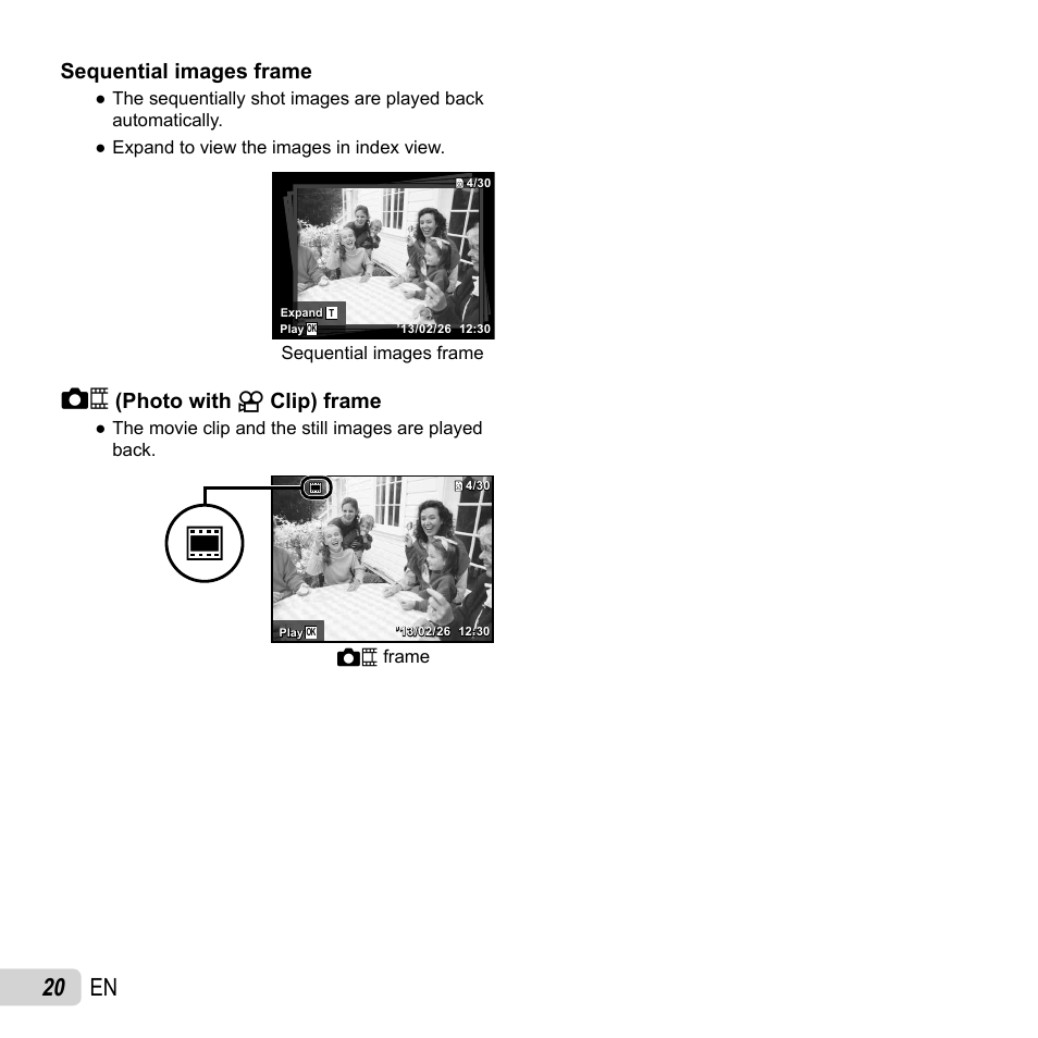 20 en, Sequential images frame, Photo with (photo with a a clip) frame clip) frame | Olympus SZ-16 iHS User Manual | Page 20 / 86