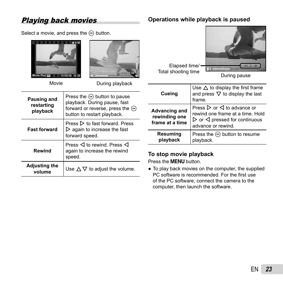 Playing back movies, 23 en, Operations while playback is paused | Olympus SZ-16 iHS User Manual | Page 23 / 86