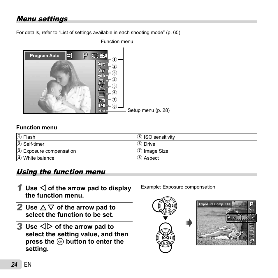 Menu settings, Using the function menu, 24 en | Function menu | Olympus SZ-16 iHS User Manual | Page 24 / 86