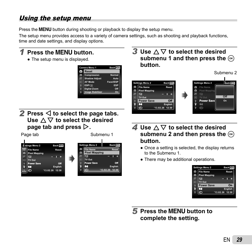 Using the setup menu, 29 en, Press the  button to complete the setting | Press the  button, Submenu 2, The setup menu is displayed, Page tab, Submenu 1 | Olympus SZ-16 iHS User Manual | Page 29 / 86