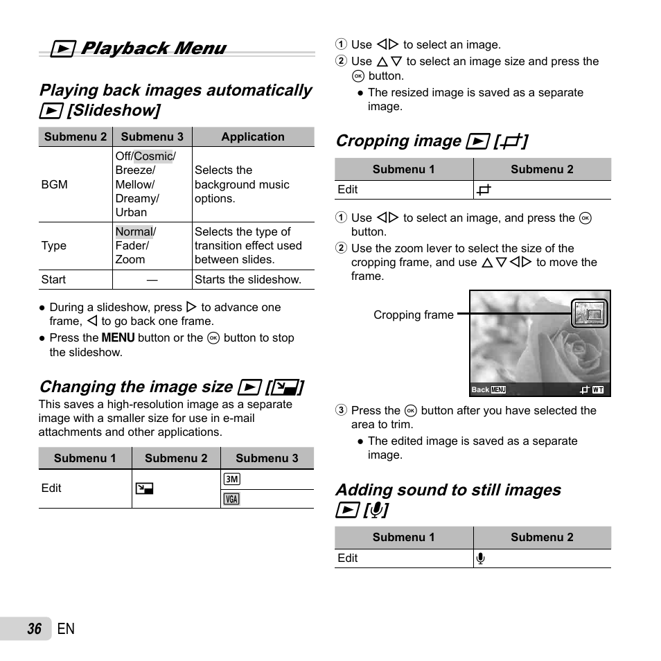 Q playback menu, Playing back images automatically, Changing the image size | Changing the image size q q [ [ q q, Cropping image, Cropping image q q [ [ p p, Adding sound to still images, Adding sound to still images q q [ [ r r, 36 en | Olympus SZ-16 iHS User Manual | Page 36 / 86