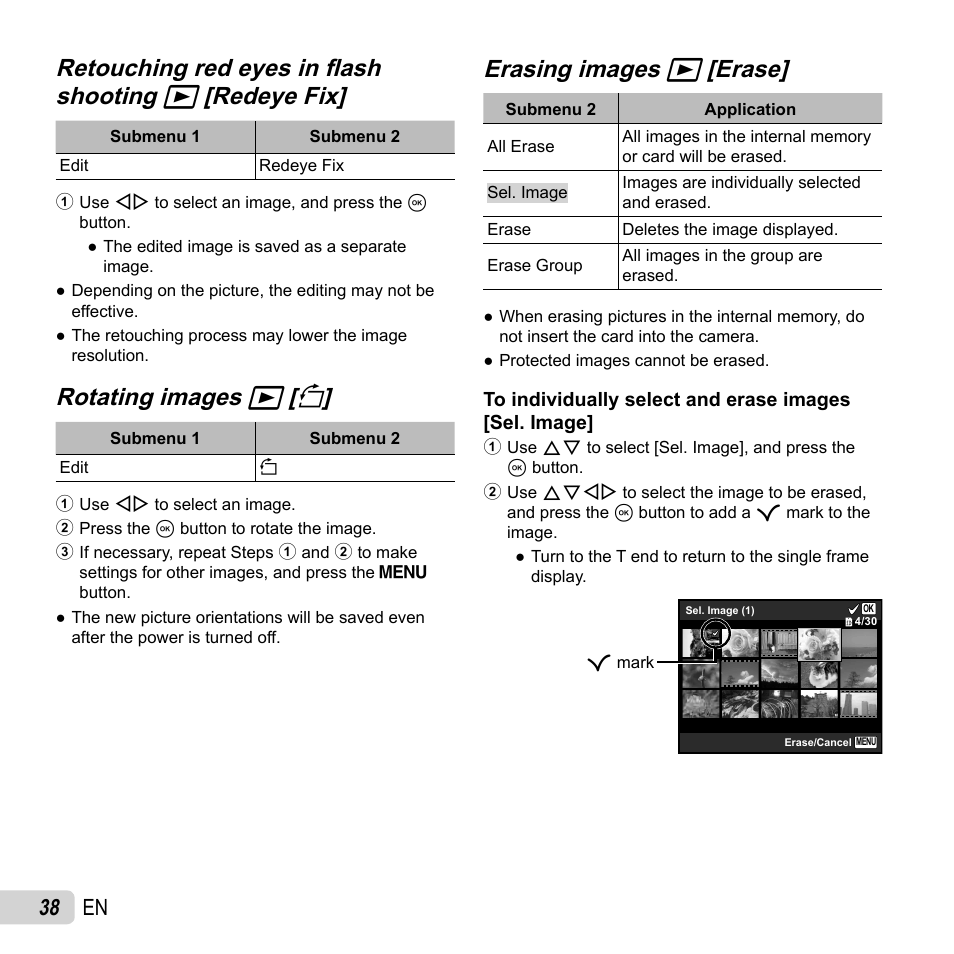 Rotating images, Rotating images q q [ [ y y, Erasing images | Erasing images q q [erase] [erase, 38 en | Olympus SZ-16 iHS User Manual | Page 38 / 86