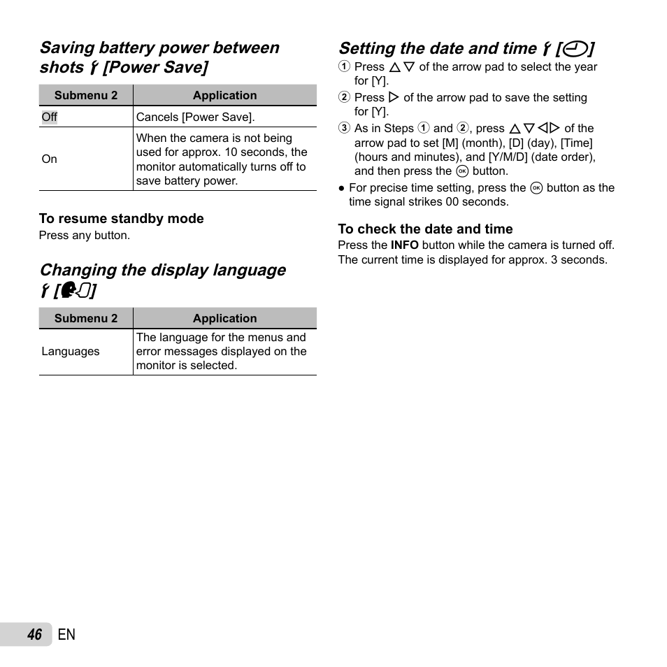 Changing the display language, Changing the display language dd [ [ l l, Setting the date and time | Setting the date and time dd [ [ x x | Olympus SZ-16 iHS User Manual | Page 46 / 86