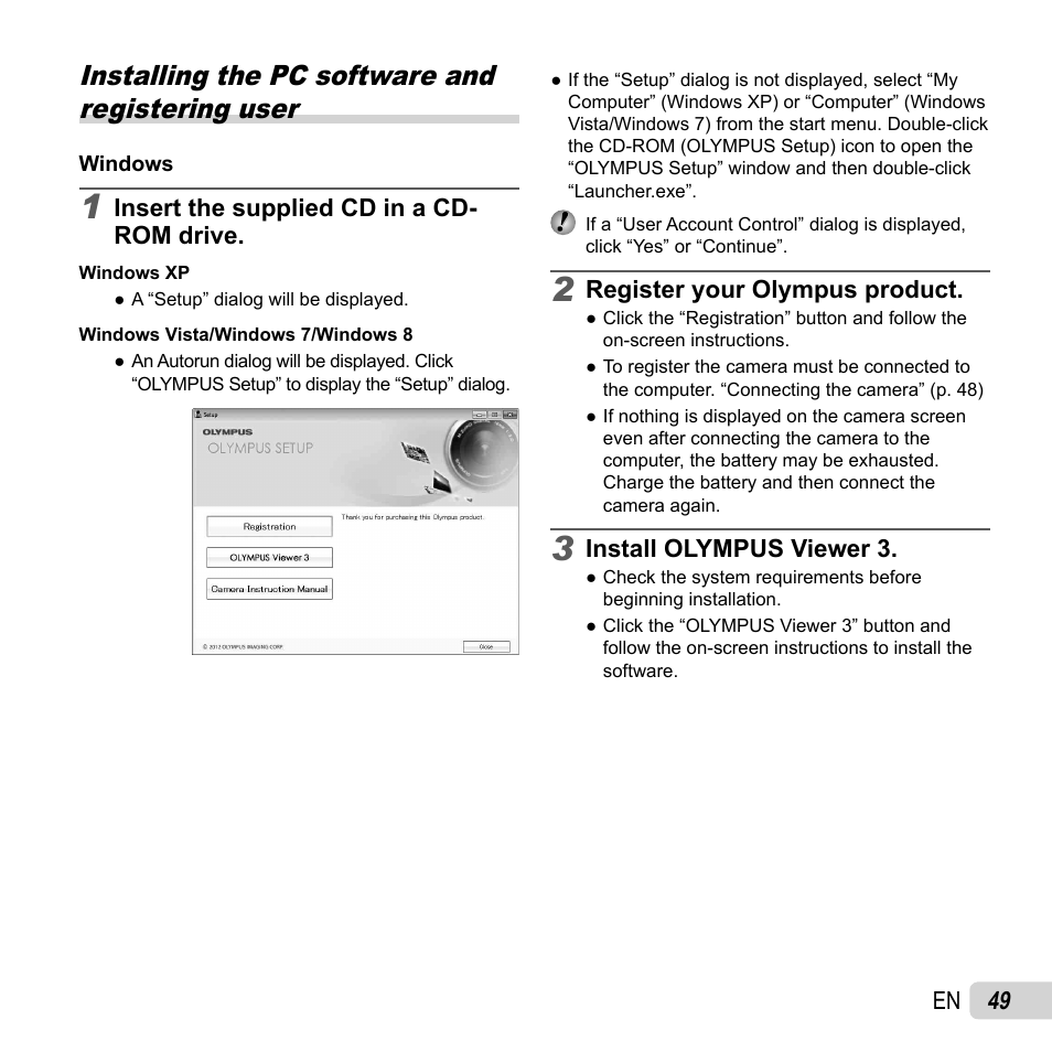 Installing the pc software and registering user, 49 en, Insert the supplied cd in a cd- rom drive | Register your olympus product, Install olympus viewer 3 | Olympus SZ-16 iHS User Manual | Page 49 / 86