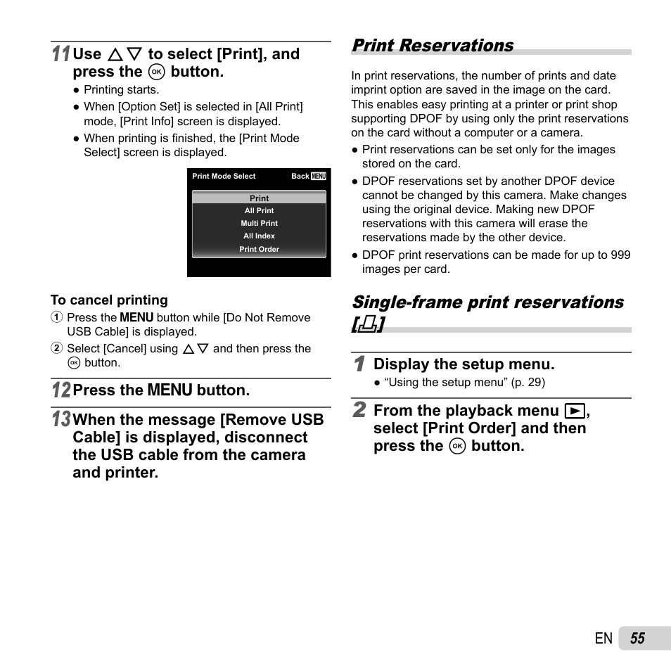 Print reservations, Single-frame print reservations, 55 en | Use fg to select [print], and press the a button, Press the  button, Display the setup menu | Olympus SZ-16 iHS User Manual | Page 55 / 86