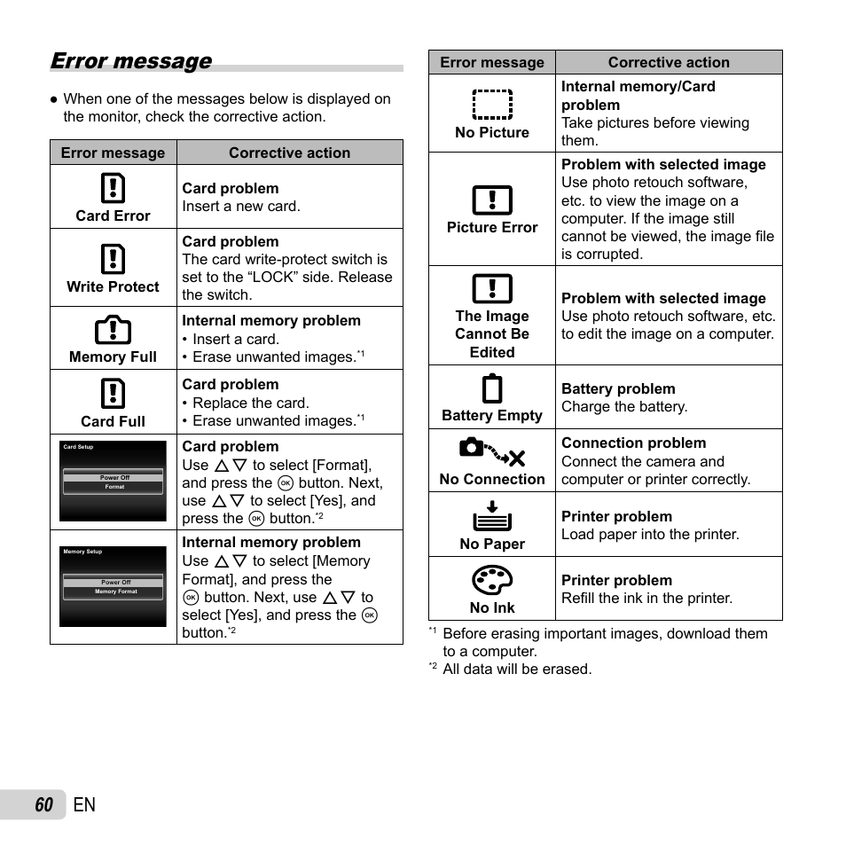 Error message, 60 en | Olympus SZ-16 iHS User Manual | Page 60 / 86