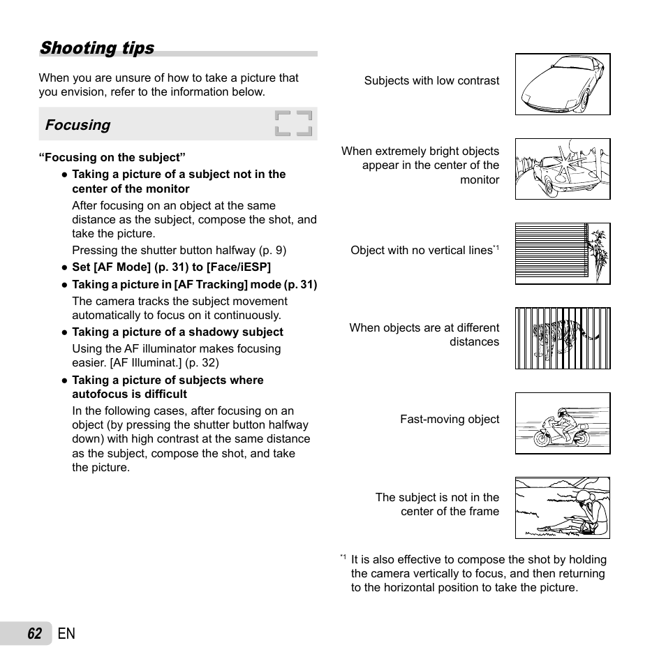 Shooting tips, 62 en, Focusing | Olympus SZ-16 iHS User Manual | Page 62 / 86