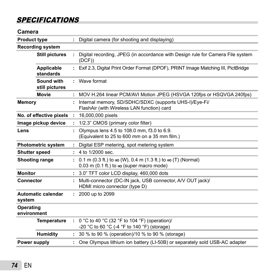 Specifications, 74 en | Olympus SZ-16 iHS User Manual | Page 74 / 86