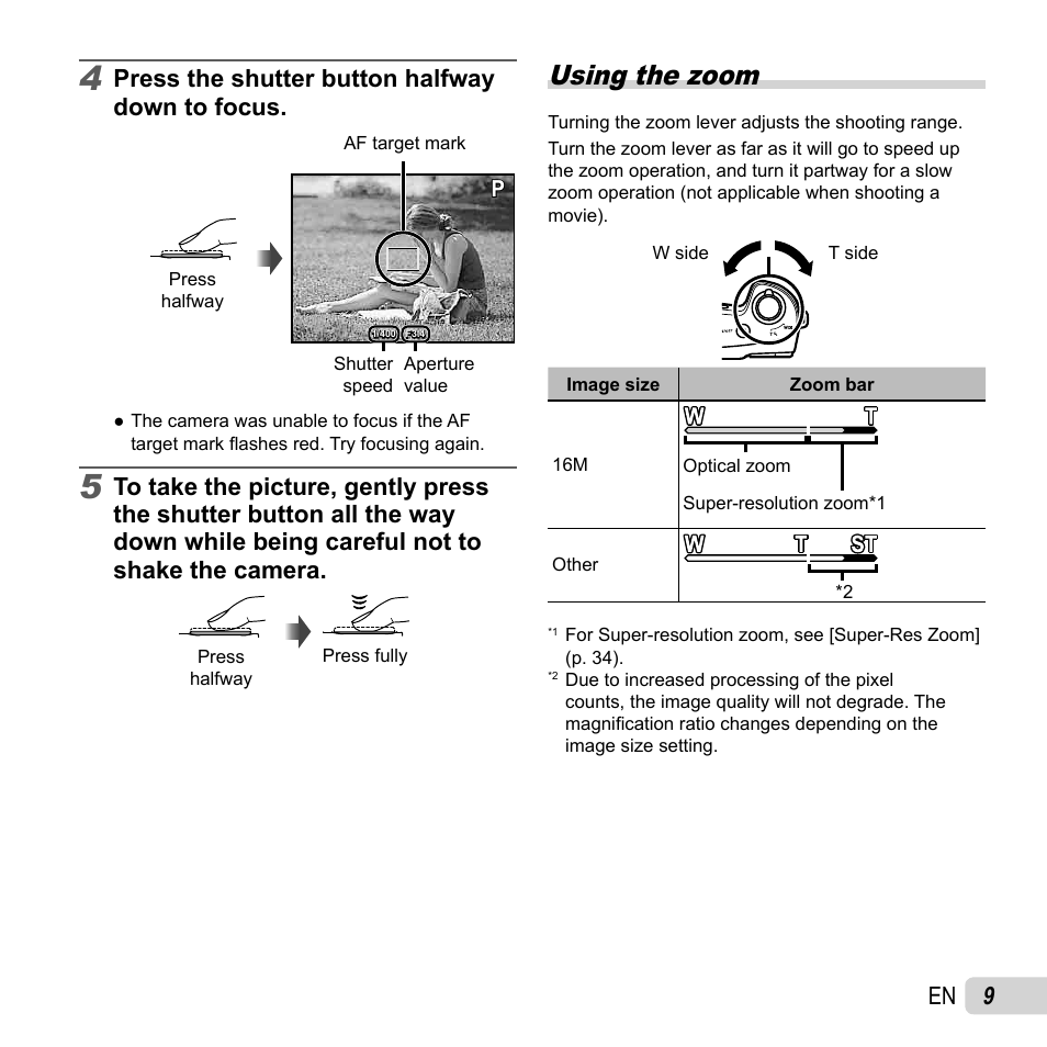 Using the zoom, Press the shutter button halfway down to focus | Olympus SZ-16 iHS User Manual | Page 9 / 86