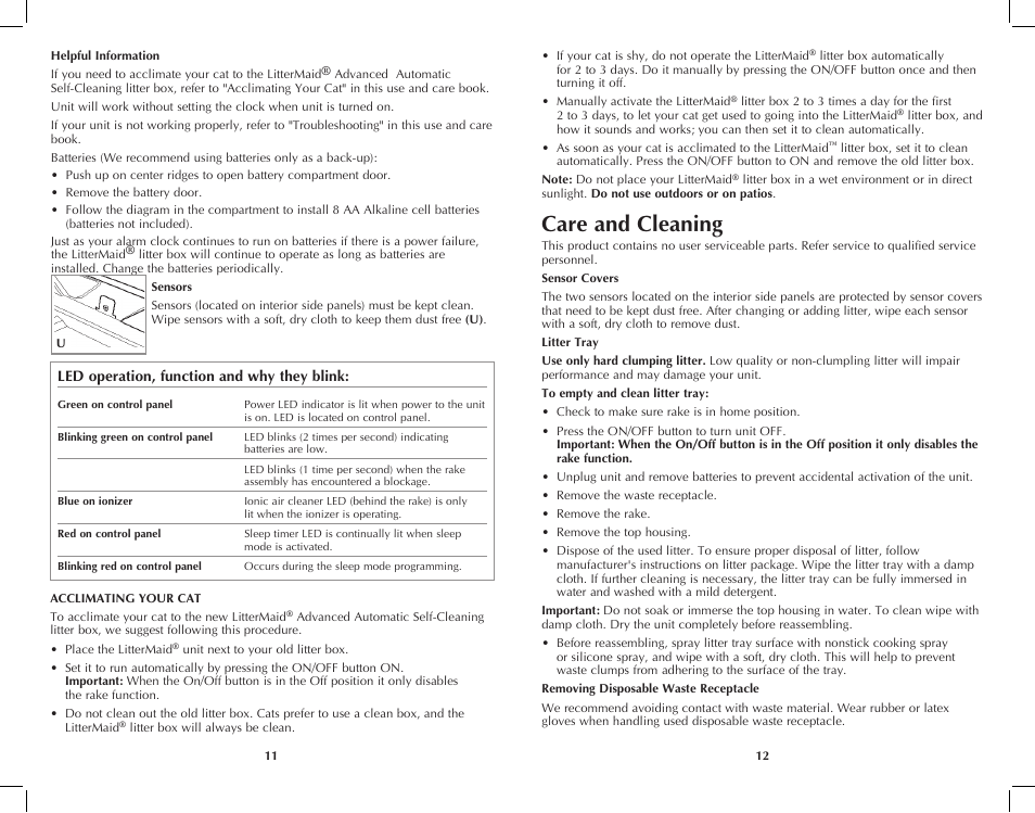 Care and cleaning | Applica LitterMaid LME9000MB User Manual | Page 7 / 11