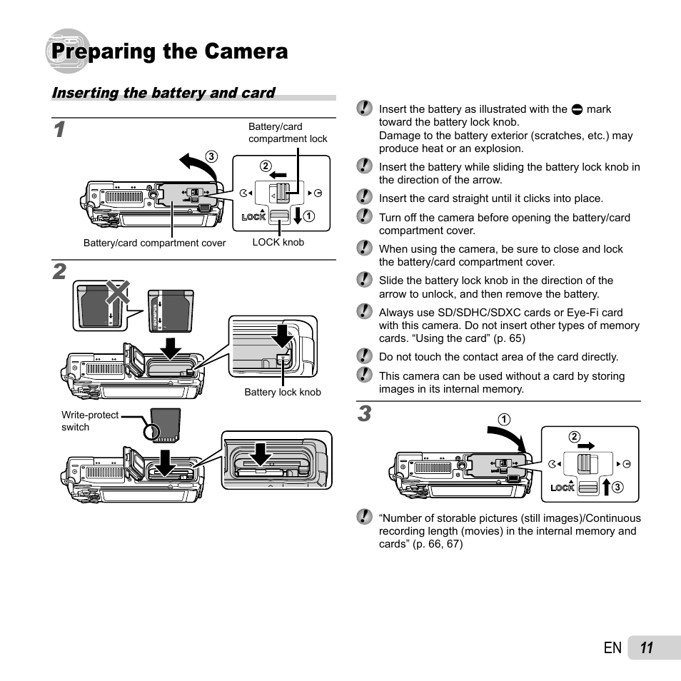 Preparing the camera, 11 en, Inserting the battery and card | Olympus Tough TG-1 iHS User Manual | Page 11 / 89