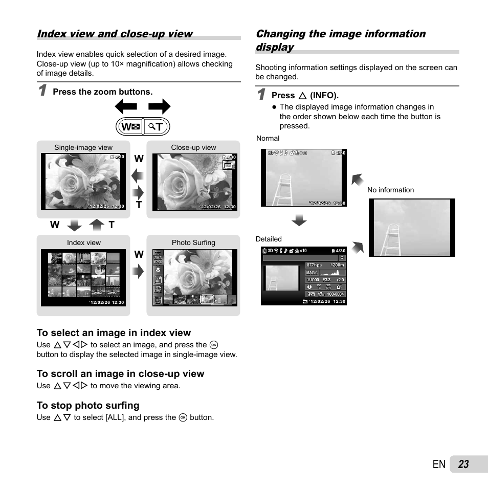 23 en, Changing the image information display, Index view and close-up view | Wt w w t, Press f (info), Press the zoom buttons, Use fghi to move the viewing area, Use fg to select [all], and press the a button | Olympus Tough TG-1 iHS User Manual | Page 23 / 89