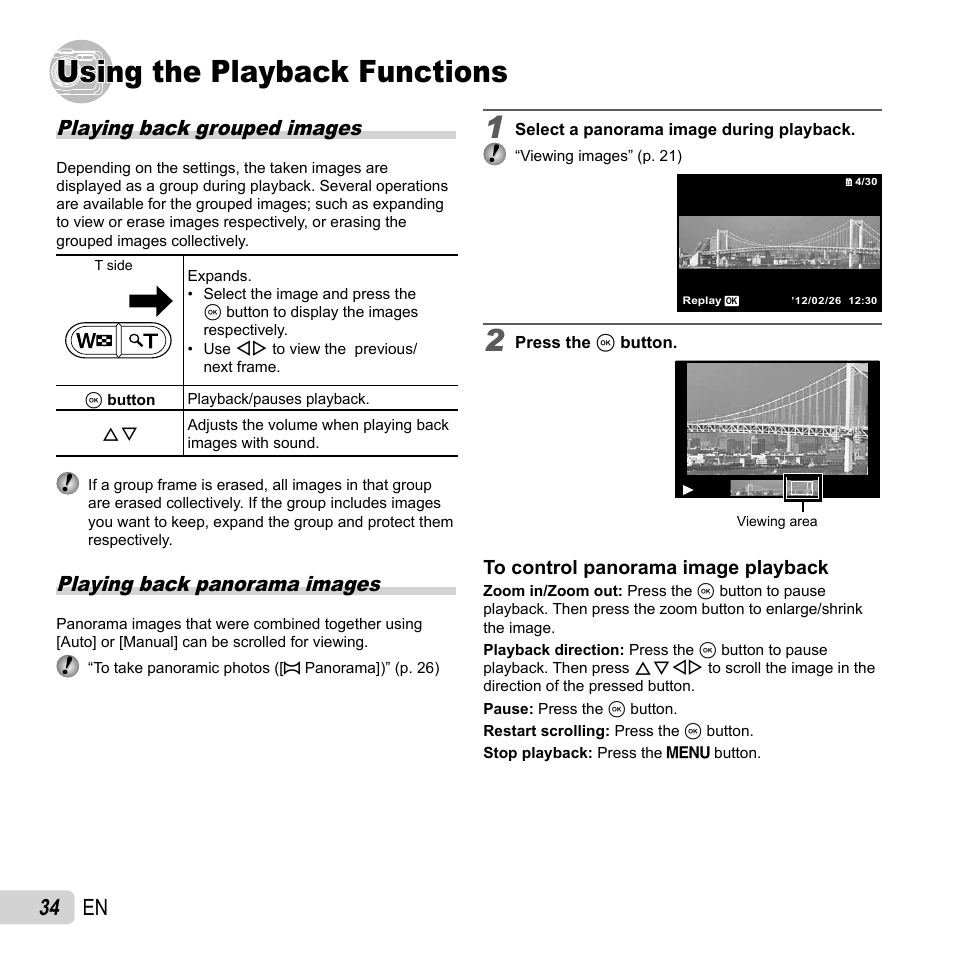 Using the playback functions, 34 en, Playing back grouped images | Playing back panorama images | Olympus Tough TG-1 iHS User Manual | Page 34 / 89