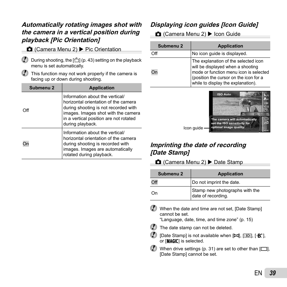 39 en, Displaying icon guides [icon guide, Z(camera menu 2)  pic orientation | Z(camera menu 2)  icon guide, Z(camera menu 2)  date stamp | Olympus Tough TG-1 iHS User Manual | Page 39 / 89