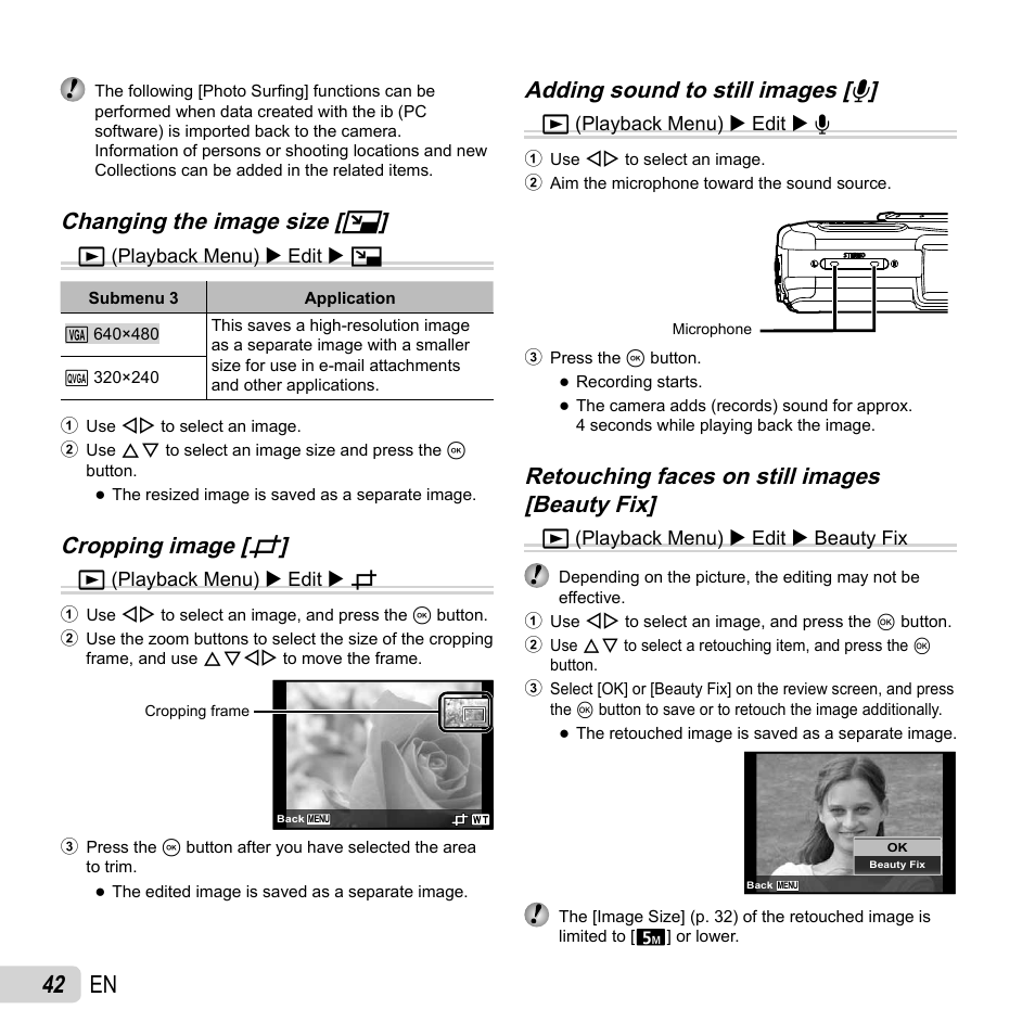 42 en, Changing the image size, Changing the image size [ q q | Cropping image, Cropping image [ p p | Olympus Tough TG-1 iHS User Manual | Page 42 / 89