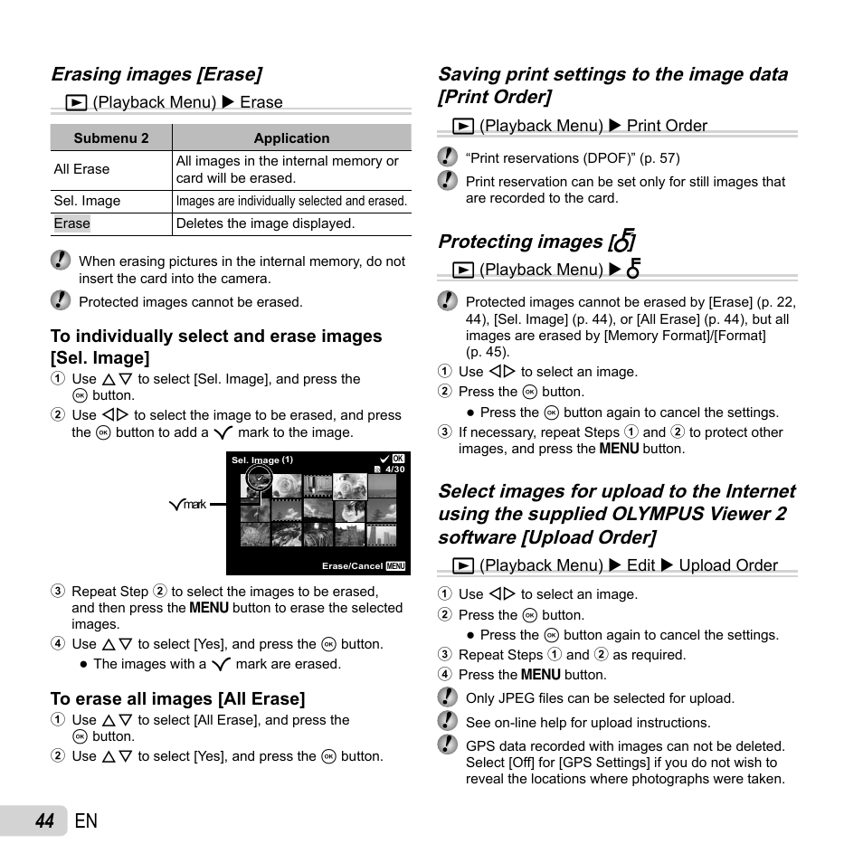 44 en, Erasing images [erase, Protecting images [ protecting images [ r r | Olympus Tough TG-1 iHS User Manual | Page 44 / 89