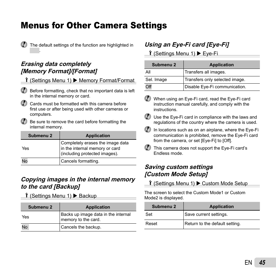 Menus for other camera settings, 45 en, Using an eye-fi card [eye-fi | Olympus Tough TG-1 iHS User Manual | Page 45 / 89