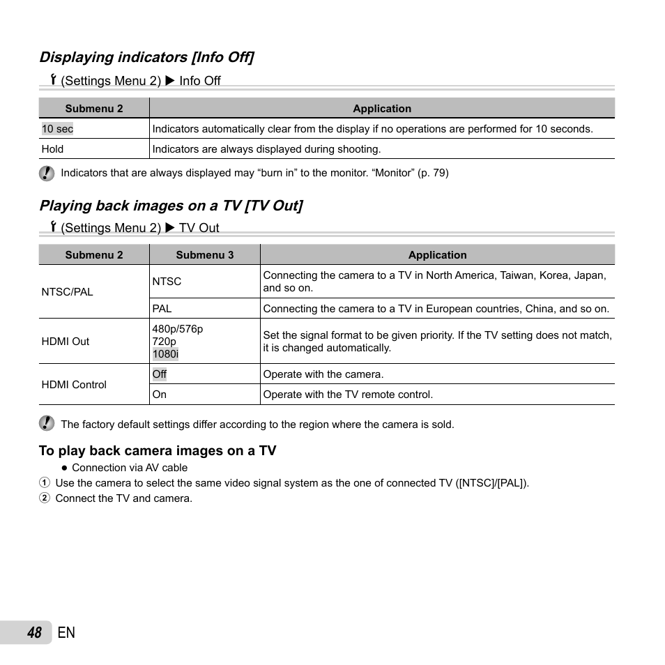 48 en, Displaying indicators [info off, Playing back images on a tv [tv out | Olympus Tough TG-1 iHS User Manual | Page 48 / 89