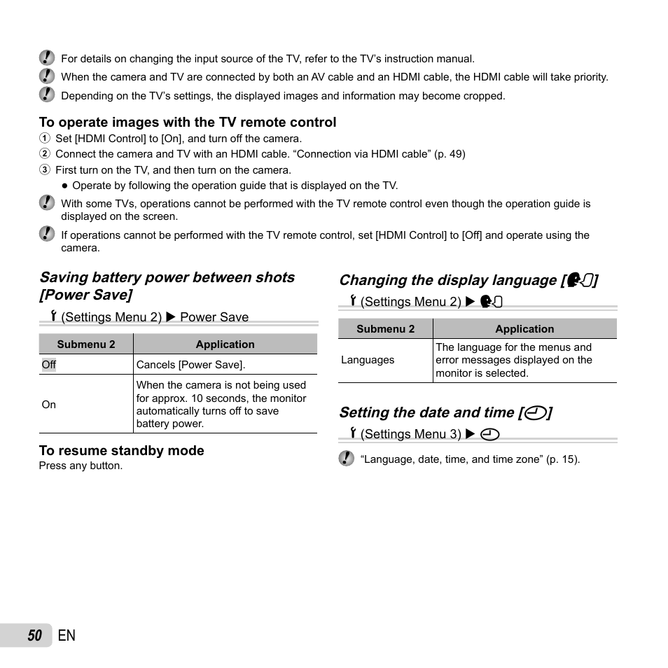 50 en, Setting the date and time, Setting the date and time [ x x | Olympus Tough TG-1 iHS User Manual | Page 50 / 89