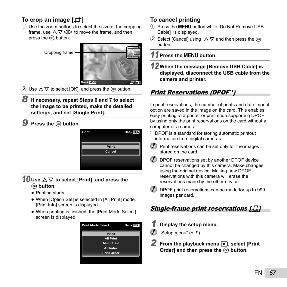 57 en, Print reservations (dpof, Single-frame print reservations | Olympus Tough TG-1 iHS User Manual | Page 57 / 89