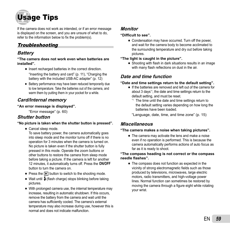 Usage tips, 59 en, Troubleshooting | Olympus Tough TG-1 iHS User Manual | Page 59 / 89