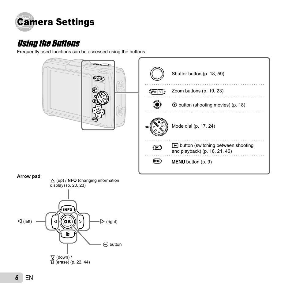 Camera settings, Using the buttons, 6 en | Olympus Tough TG-1 iHS User Manual | Page 6 / 89