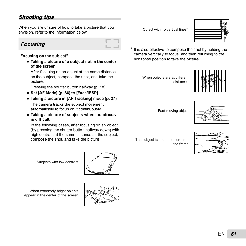 61 en, Shooting tips, Focusing | Olympus Tough TG-1 iHS User Manual | Page 61 / 89