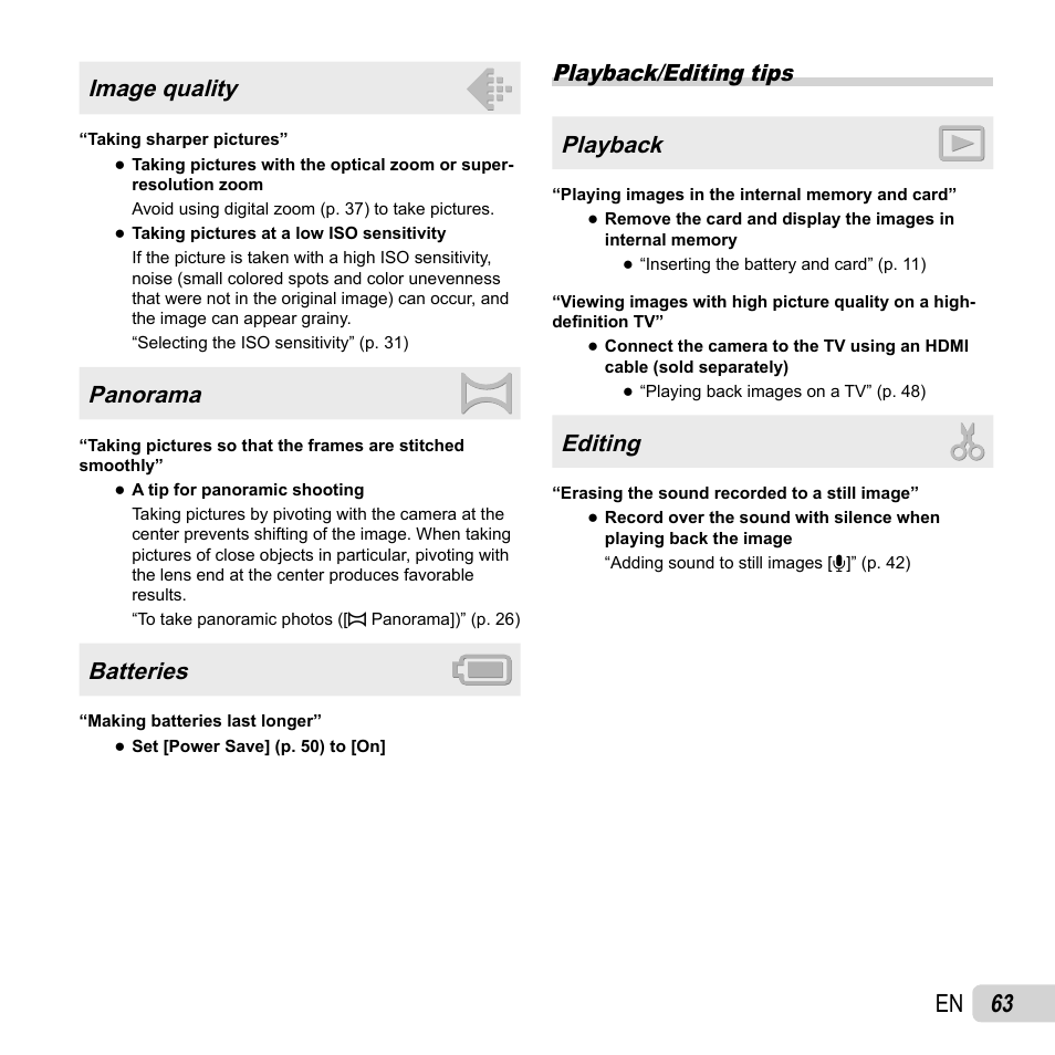 63 en, Image quality, Panorama | Batteries, Playback/editing tips playback, Editing | Olympus Tough TG-1 iHS User Manual | Page 63 / 89