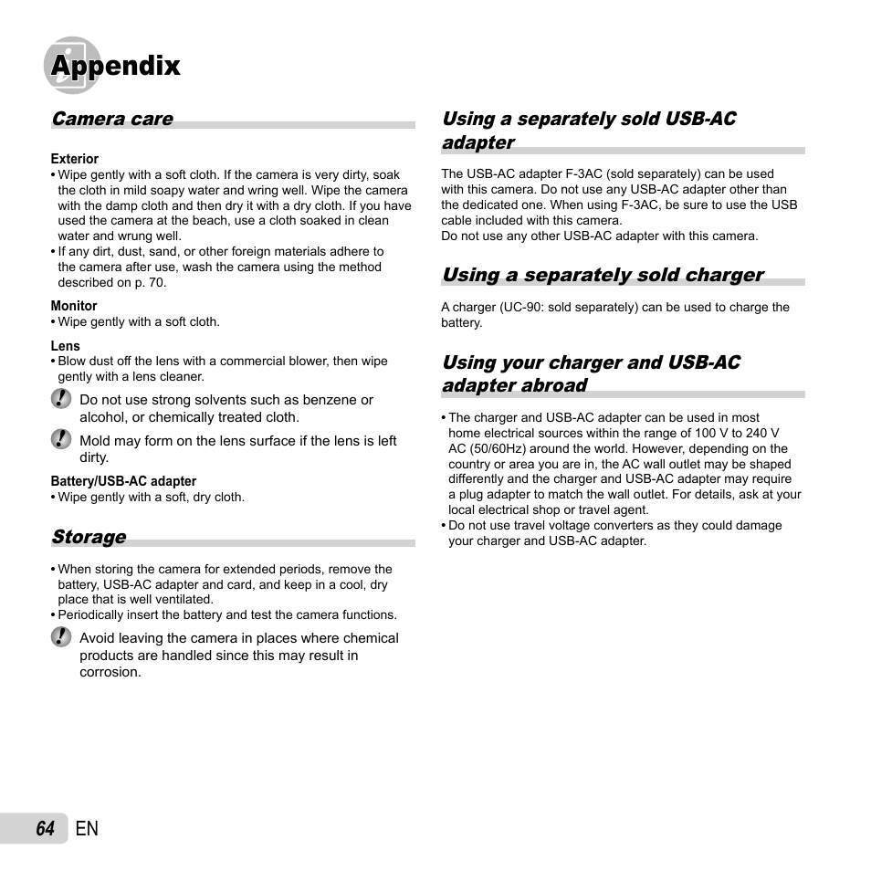 Appendix, 64 en, Camera care | Storage, Using a separately sold usb-ac adapter, Using a separately sold charger, Using your charger and usb-ac adapter abroad | Olympus Tough TG-1 iHS User Manual | Page 64 / 89