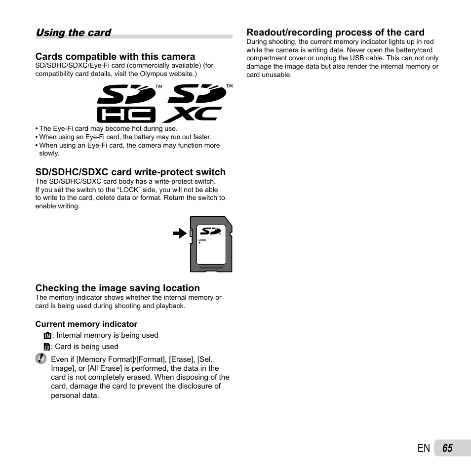 65 en, Using the card | Olympus Tough TG-1 iHS User Manual | Page 65 / 89