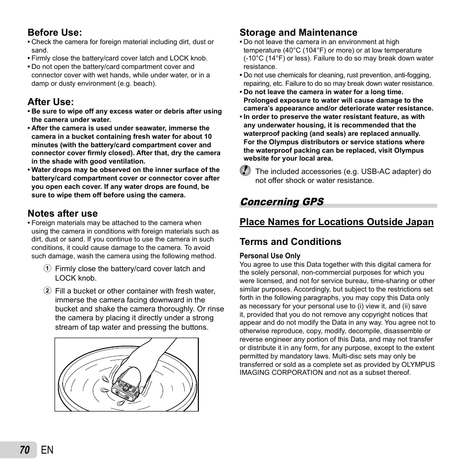 70 en, Concerning gps, Before use | After use, Storage and maintenance, Place names for locations outside japan | Olympus Tough TG-1 iHS User Manual | Page 70 / 89