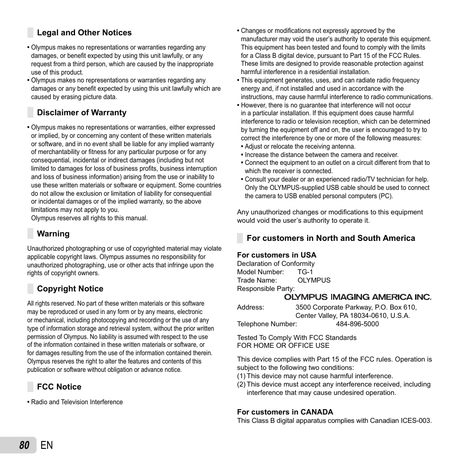 80 en | Olympus Tough TG-1 iHS User Manual | Page 80 / 89