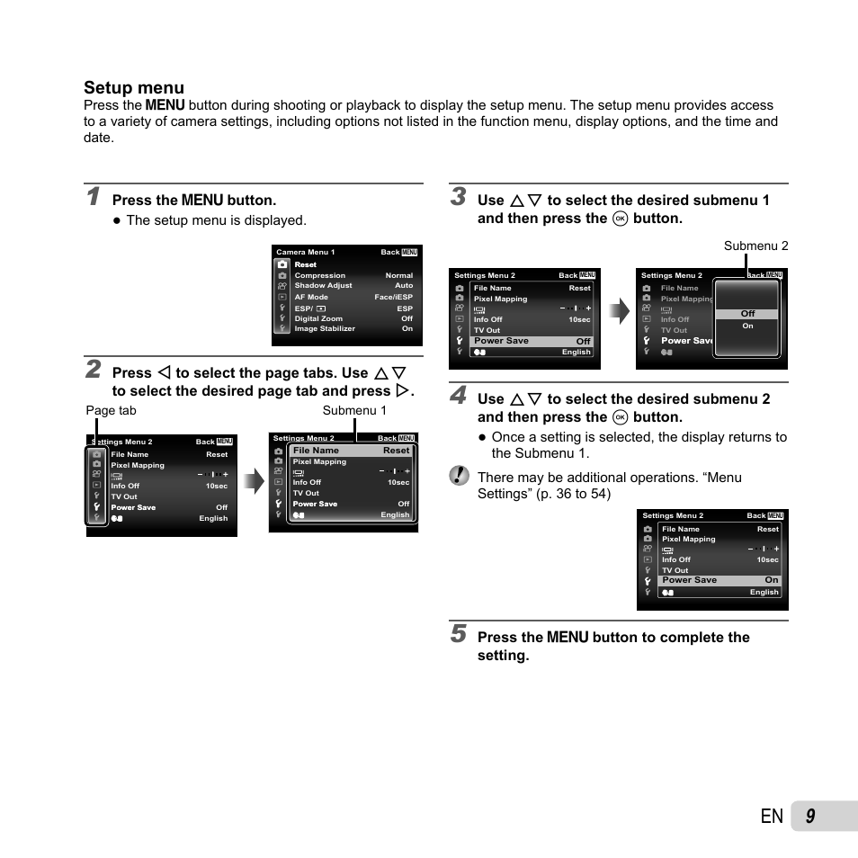 Setup menu, Press the  button, Press the  button to complete the setting | The setup menu is displayed | Olympus Tough TG-1 iHS User Manual | Page 9 / 89