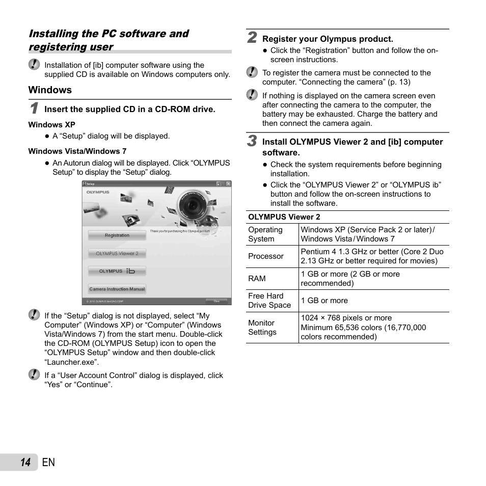 14 en, Installing the pc software and registering user | Olympus Tough TG-620 iHS User Manual | Page 14 / 83