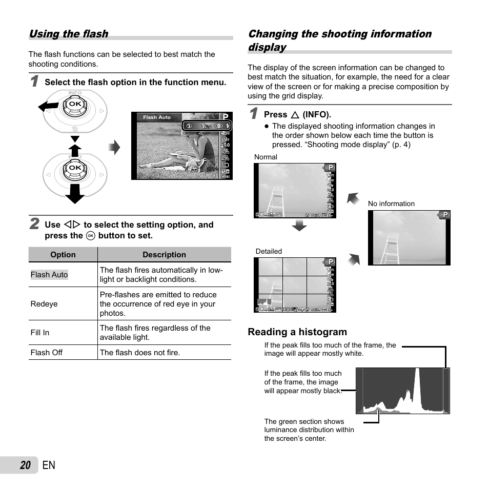20 en, Using the fl ash, Changing the shooting information display | Reading a histogram, Select the fl ash option in the function menu, Press f (info) | Olympus Tough TG-620 iHS User Manual | Page 20 / 83