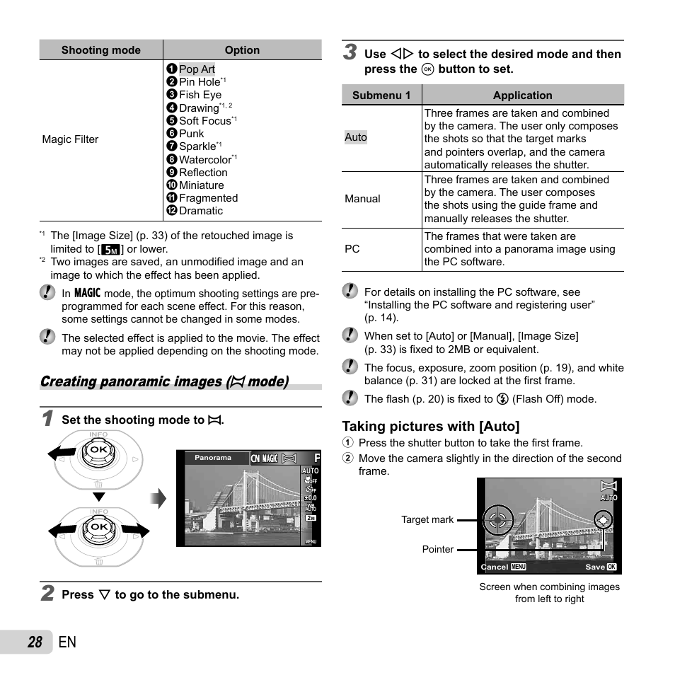 28 en, Creating panoramic images ( p mode), Taking pictures with [auto | Olympus Tough TG-620 iHS User Manual | Page 28 / 83