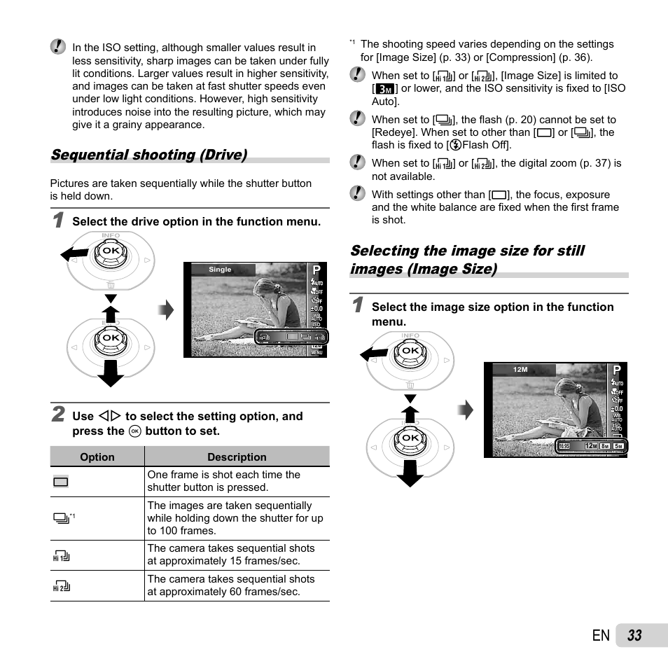 33 en, Sequential shooting (drive), Select the drive option in the function menu | Select the image size option in the function menu | Olympus Tough TG-620 iHS User Manual | Page 33 / 83