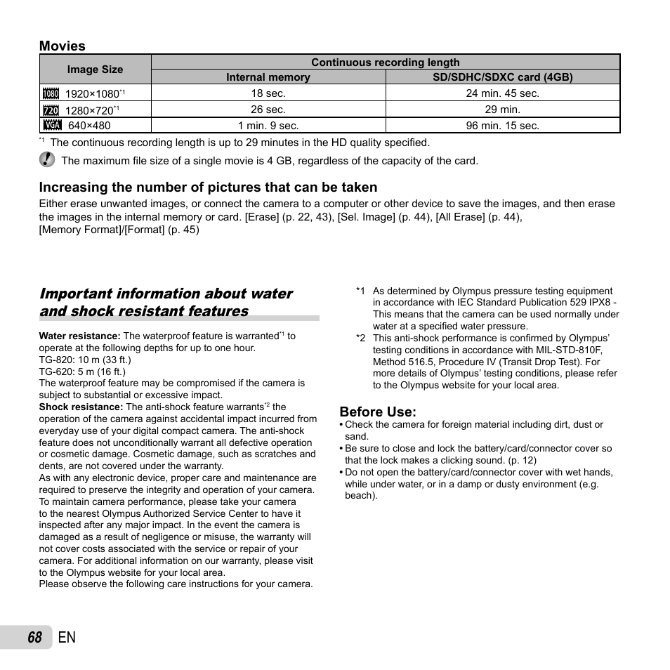 68 en, Movies, Before use | Olympus Tough TG-620 iHS User Manual | Page 68 / 83