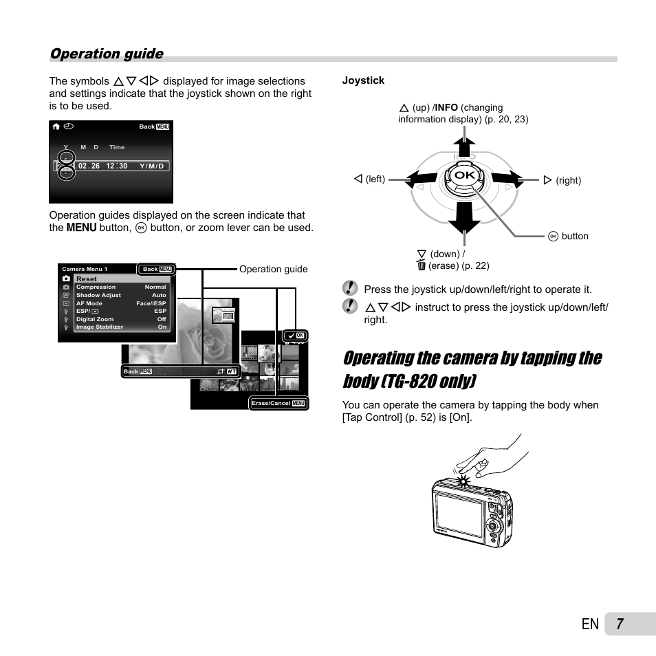 Operation guide, Joystick | Olympus Tough TG-620 iHS User Manual | Page 7 / 83
