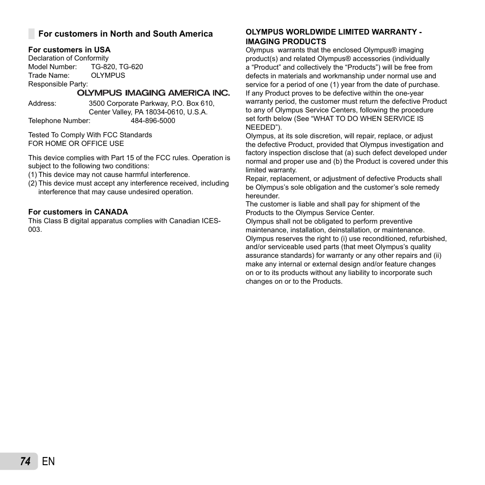 74 en | Olympus Tough TG-620 iHS User Manual | Page 74 / 83