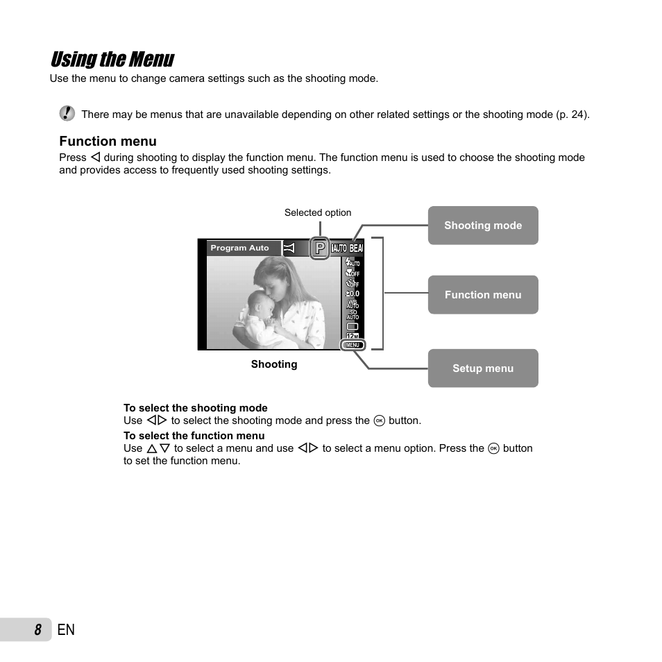 Using the menu, 8 en, Function menu | Olympus Tough TG-620 iHS User Manual | Page 8 / 83