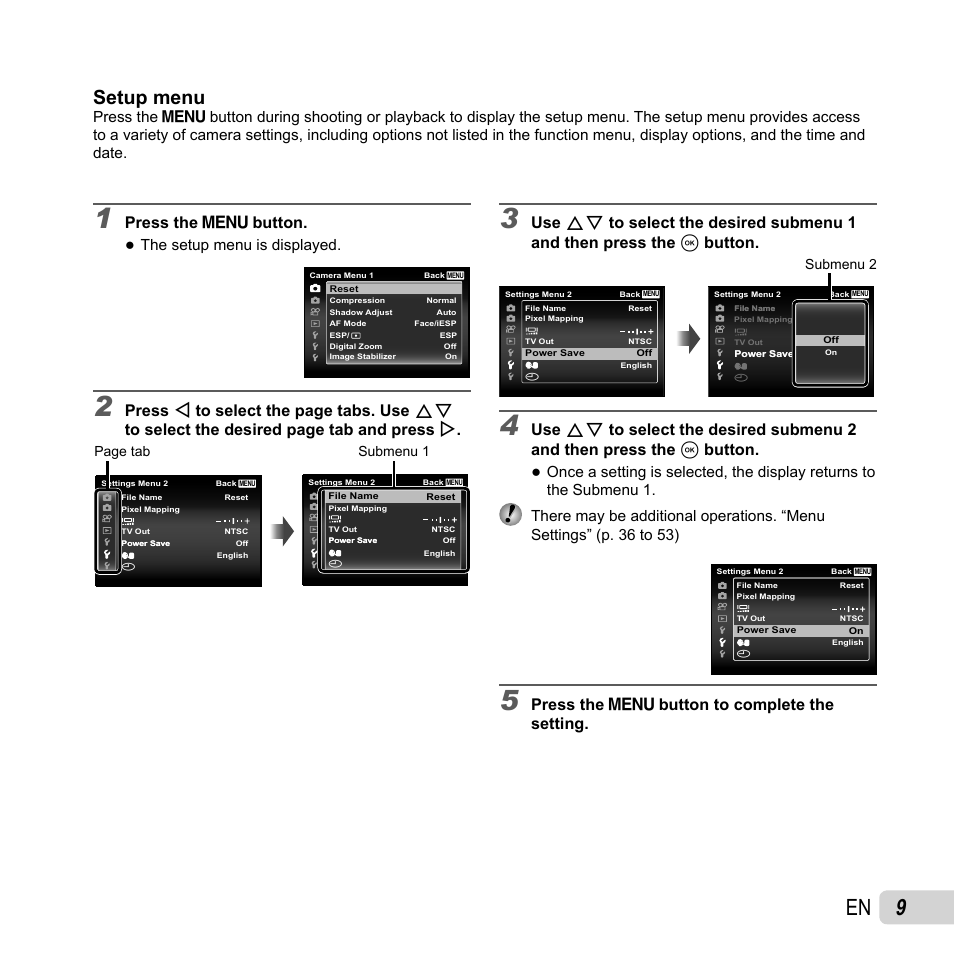 Setup menu, Press the  button, Press the  button to complete the setting | The setup menu is displayed | Olympus Tough TG-620 iHS User Manual | Page 9 / 83