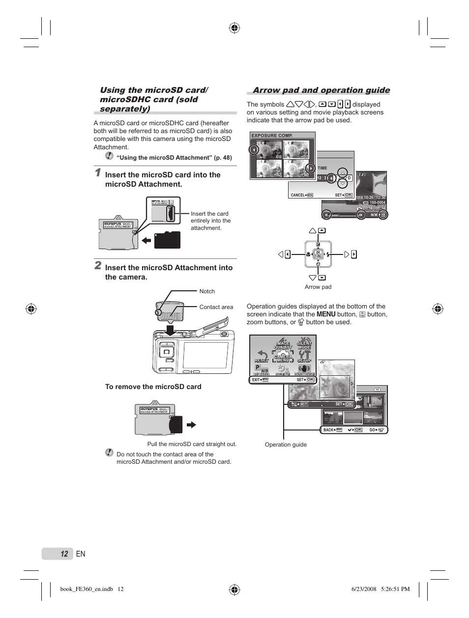 Arrow pad and operation guide, 12 en, Insert the microsd attachment into the camera | Olympus FE-360 User Manual | Page 12 / 62