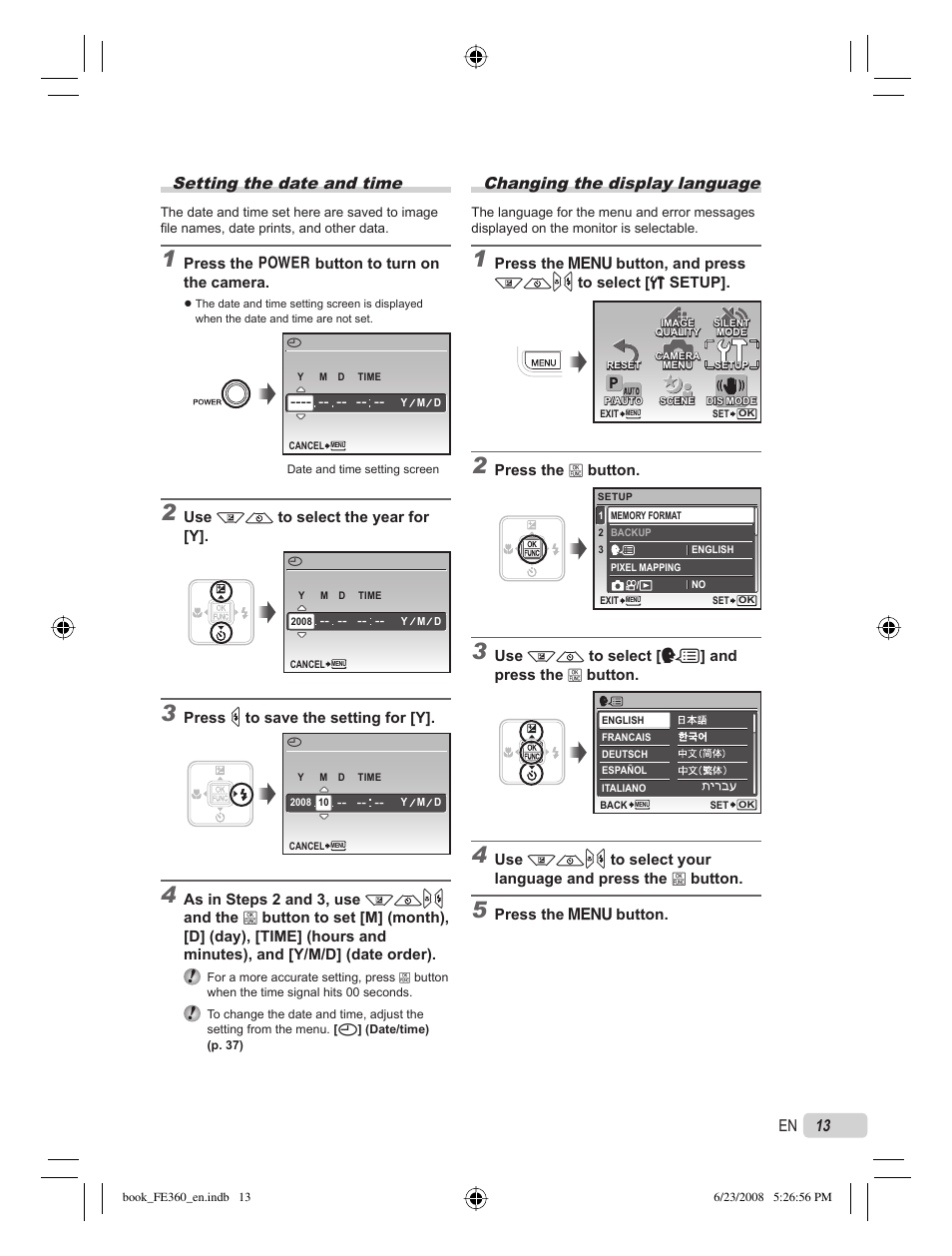 Setting the date and time, Changing the display language, 13 en | Olympus FE-360 User Manual | Page 13 / 62