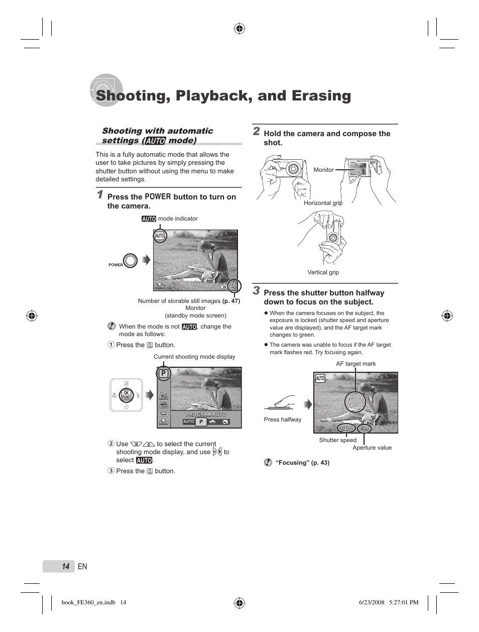 Shooting, playback, and erasing, Shooting with automatic settings ( h mode), 14 en | Hold the camera and compose the shot, Press the o button to turn on the camera | Olympus FE-360 User Manual | Page 14 / 62
