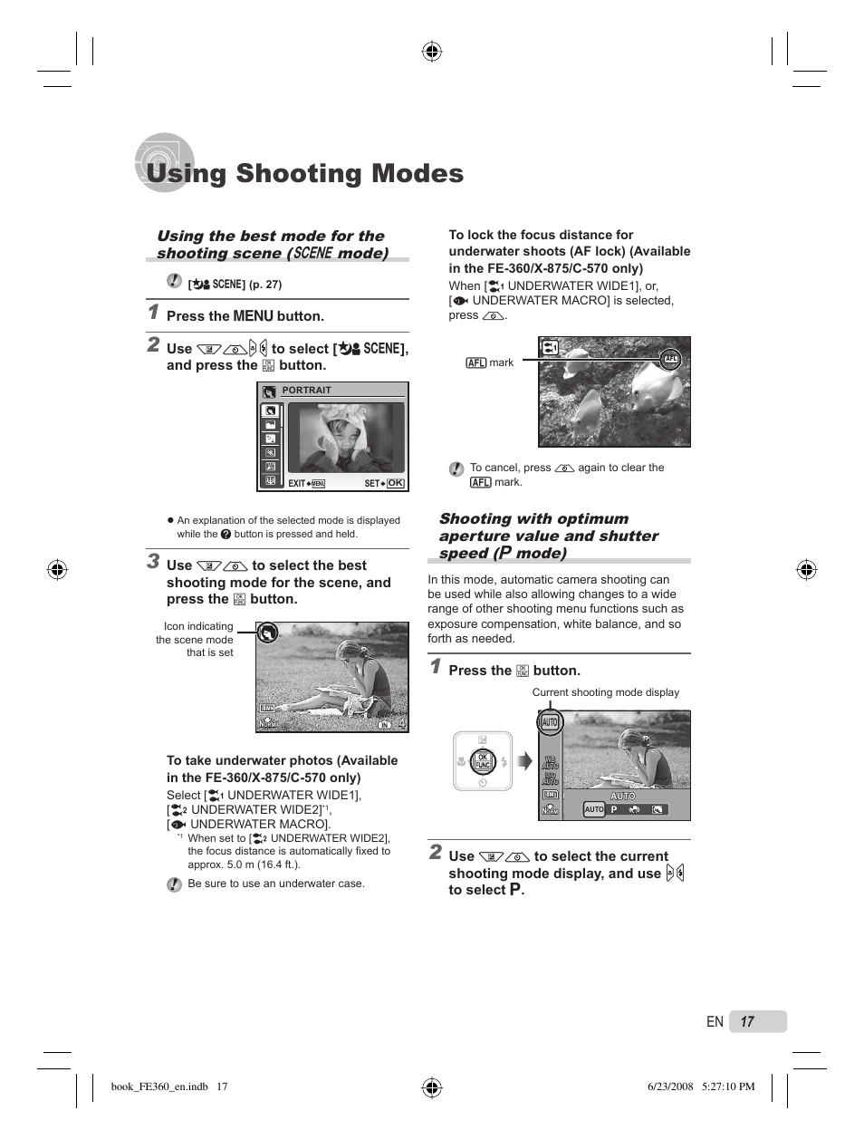 Using shooting modes, 17 en | Olympus FE-360 User Manual | Page 17 / 62
