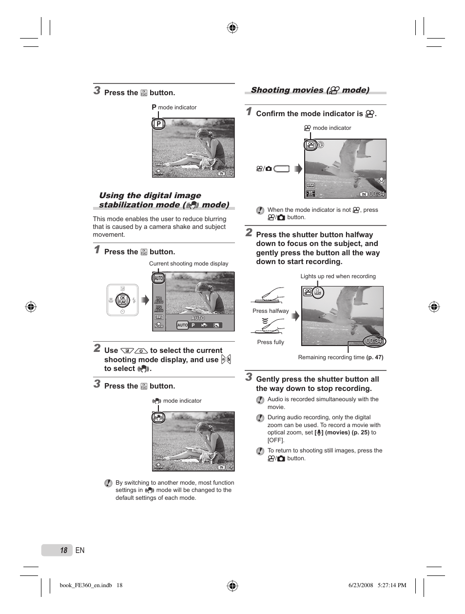 Shooting movies (n mode), 18 en, Press the b button | Confi rm the mode indicator is n | Olympus FE-360 User Manual | Page 18 / 62