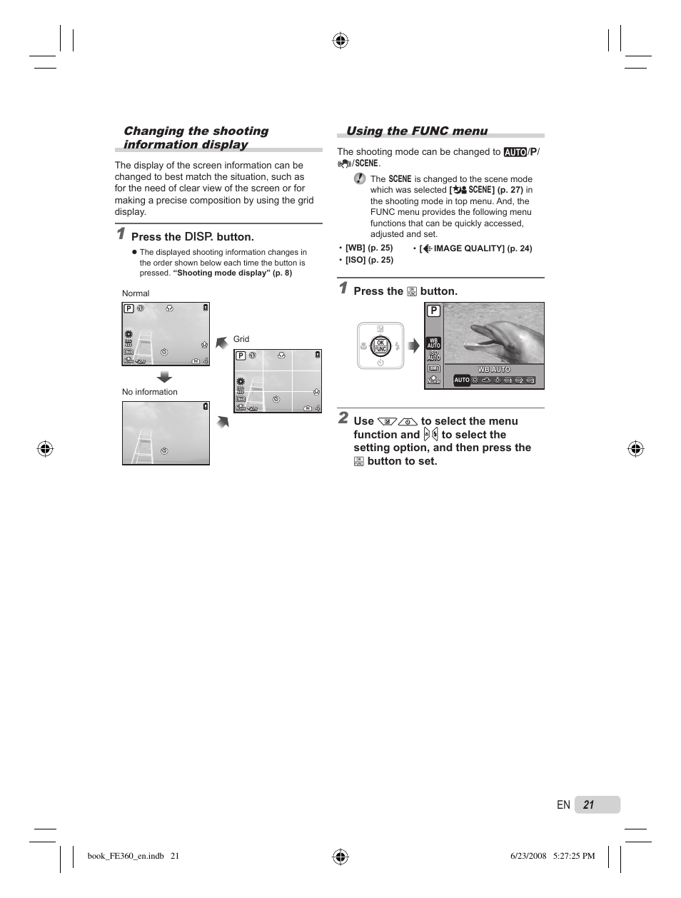 Changing the shooting information display, Using the func menu, 21 en | Press the g button, Press the b button | Olympus FE-360 User Manual | Page 21 / 62