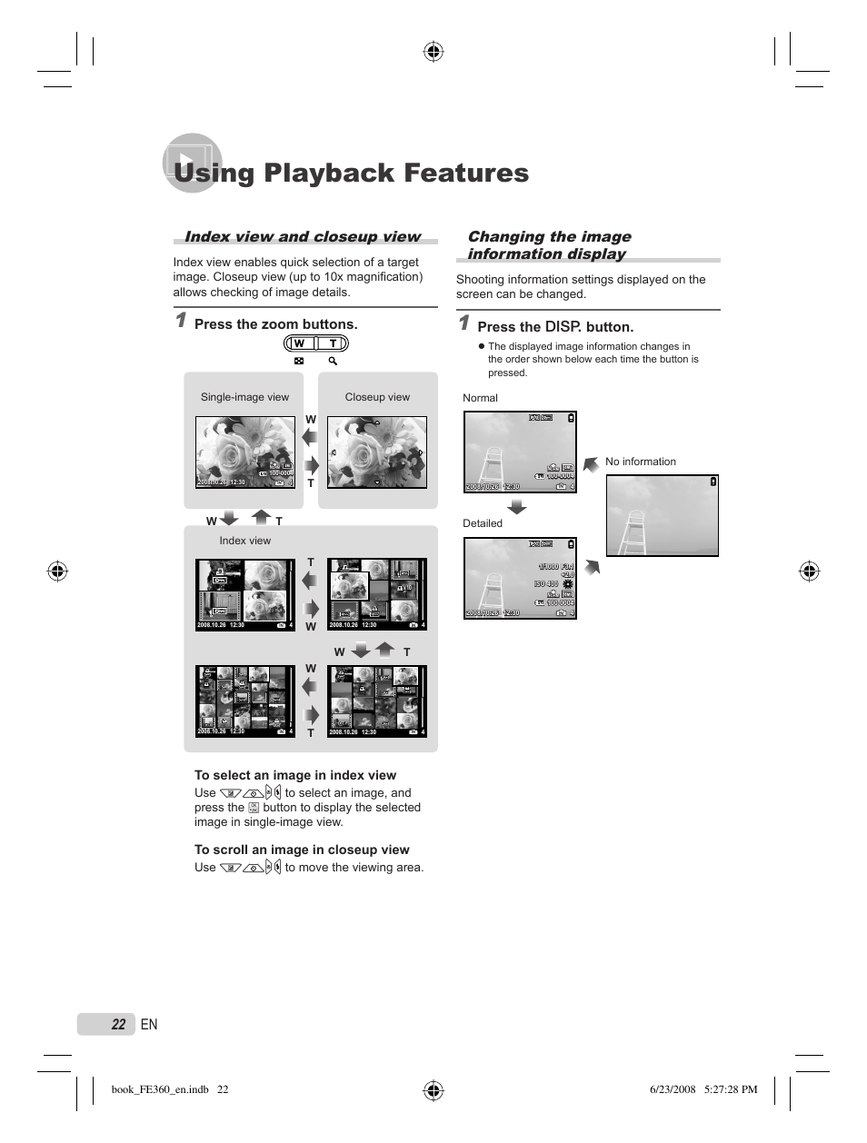 Using playback features, Changing the image information display, Index view and closeup view | 22 en, Press the g button, Press the zoom buttons, Use klmn to move the viewing area | Olympus FE-360 User Manual | Page 22 / 62