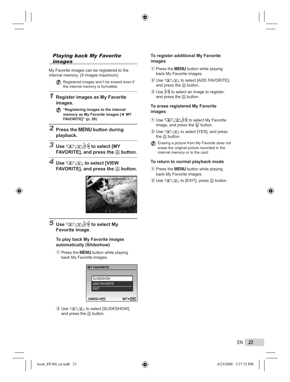 Playing back my favorite images | Olympus FE-360 User Manual | Page 23 / 62